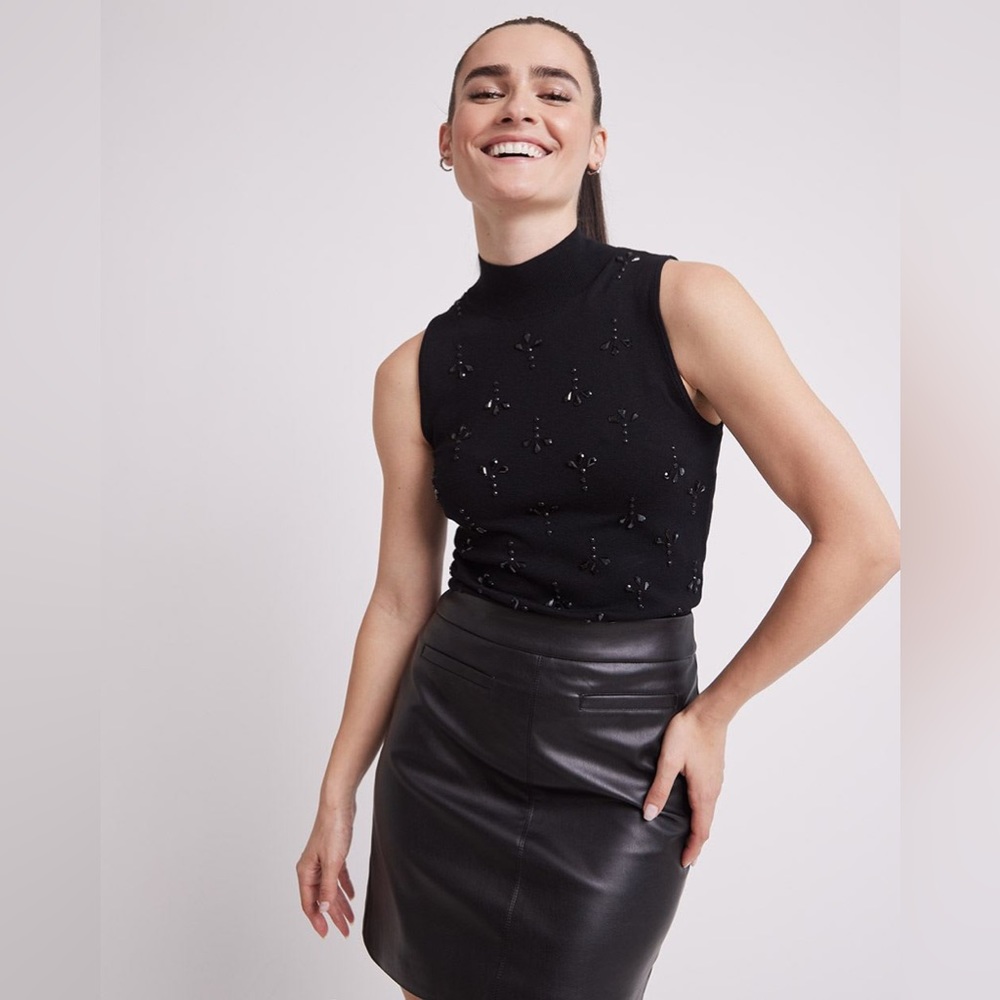 RW&CO Black Sleeveless Mock Neck Top with Stone Embellishments | L | NWOT